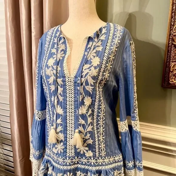 $498 EUC Tory Burch Gabriella Blue White Embroidered Dress Size 2 Perfect